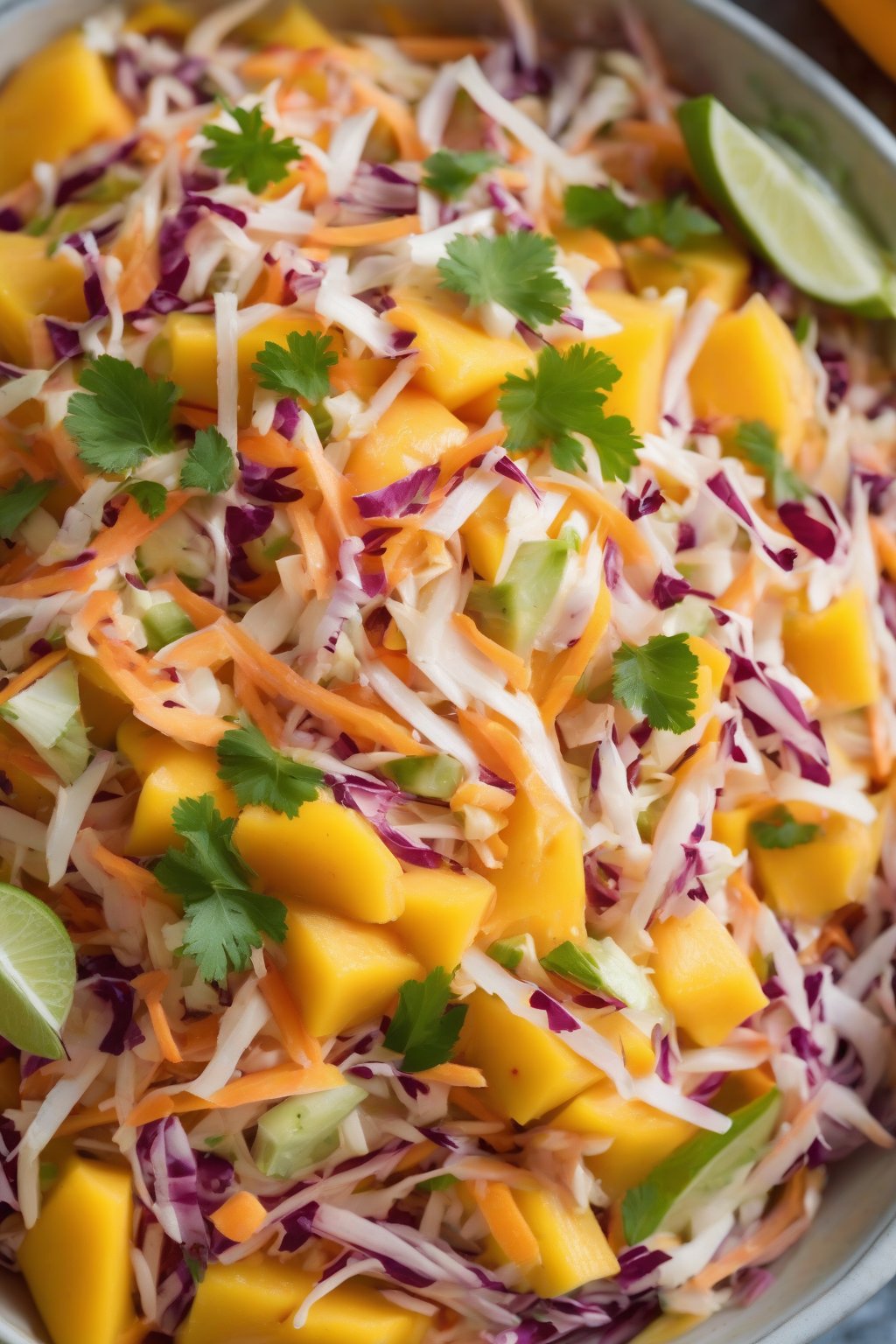 A high-resolution photo of tropical mango coleslaw with bright orange mango chunks, under soft lighting.
