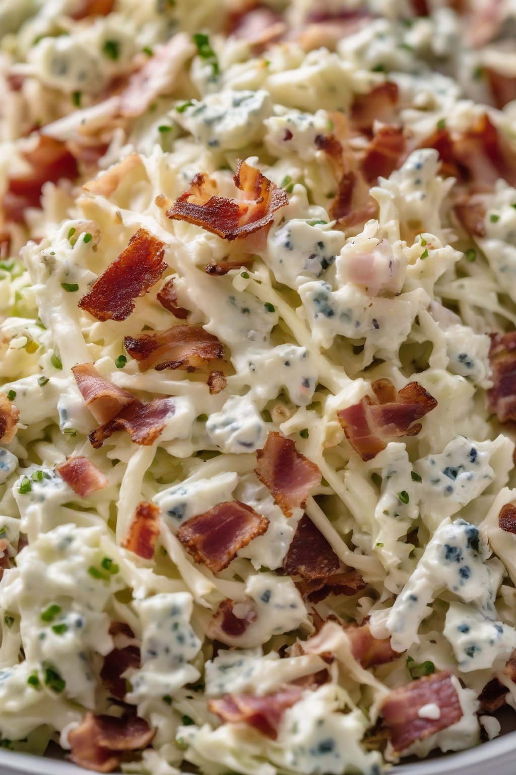 A close-up photo of bacon blue cheese coleslaw, cheese crumbles and bacon specks prominent, under soft lighting.