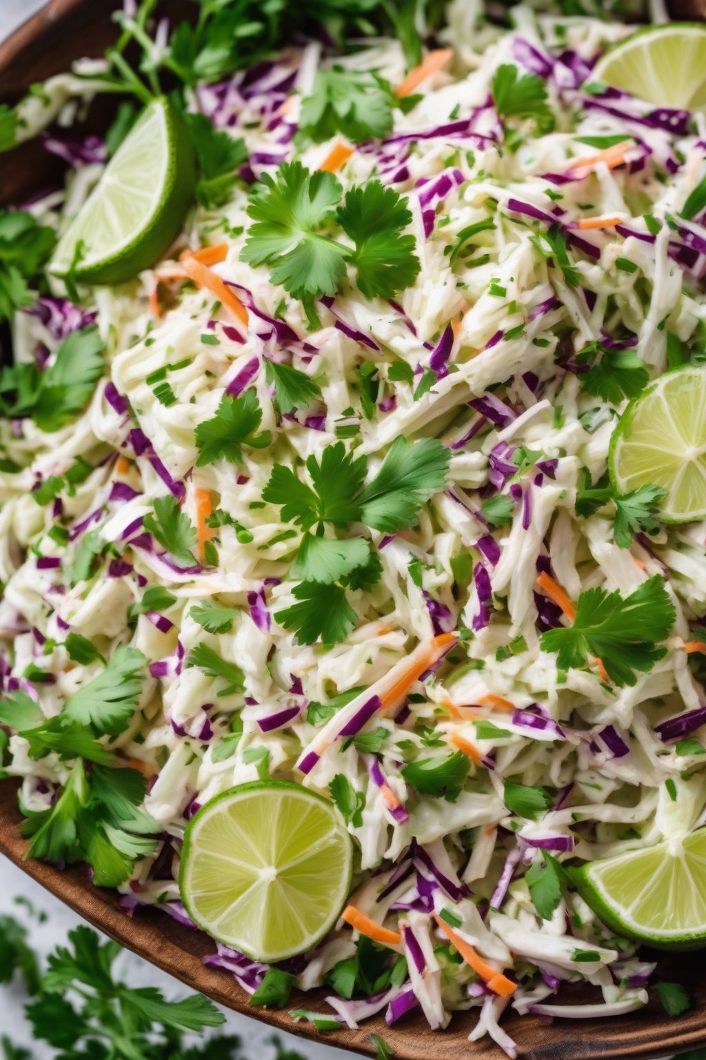 A high-resolution photo of cilantro lime coleslaw, lime wedges and green herbs on top, under soft lighting.