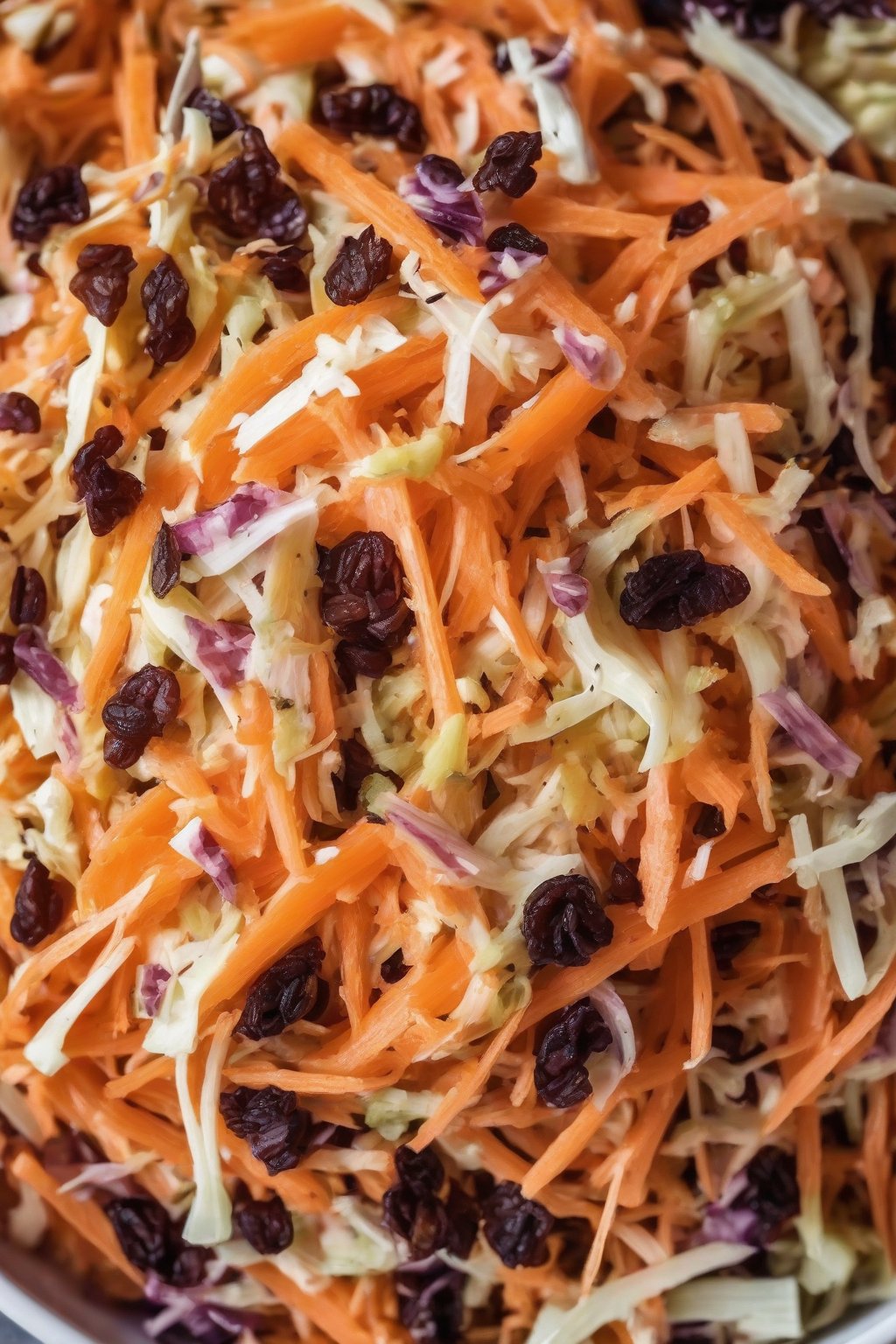 A close-up photo of carrot raisin coleslaw with golden raisins peeking through orange shreds, under soft lighting.