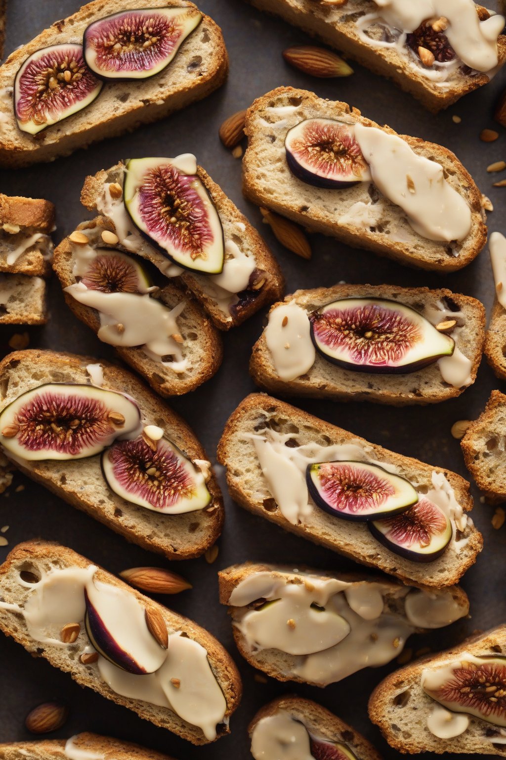 A high-resolution photo of fig and almond biscotti slices revealing fig centers, elegant plating, under soft lighting.