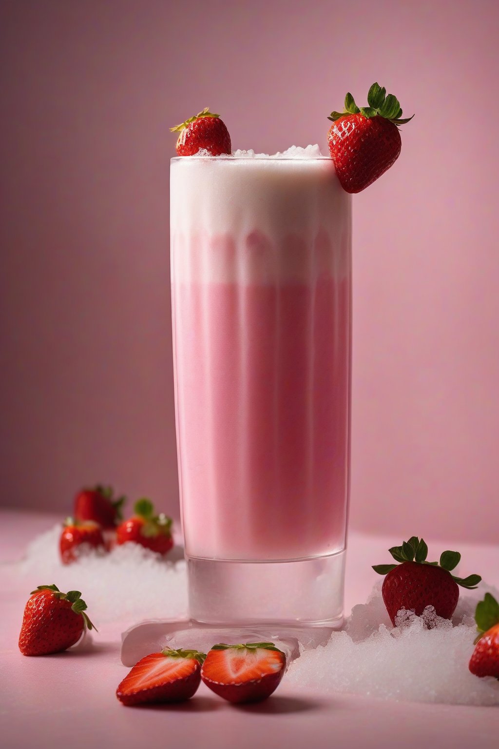 A high-resolution photo of a tall glass of classic pink drink layered with creamy coconut milk and floating freeze-dried strawberries under soft lighting.