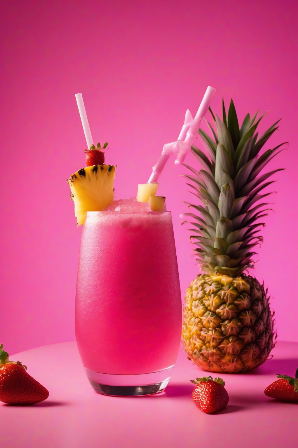 A high-resolution photo of a vibrant tropical pink drink garnished with pineapple chunks and pink strawberries under soft lighting.
