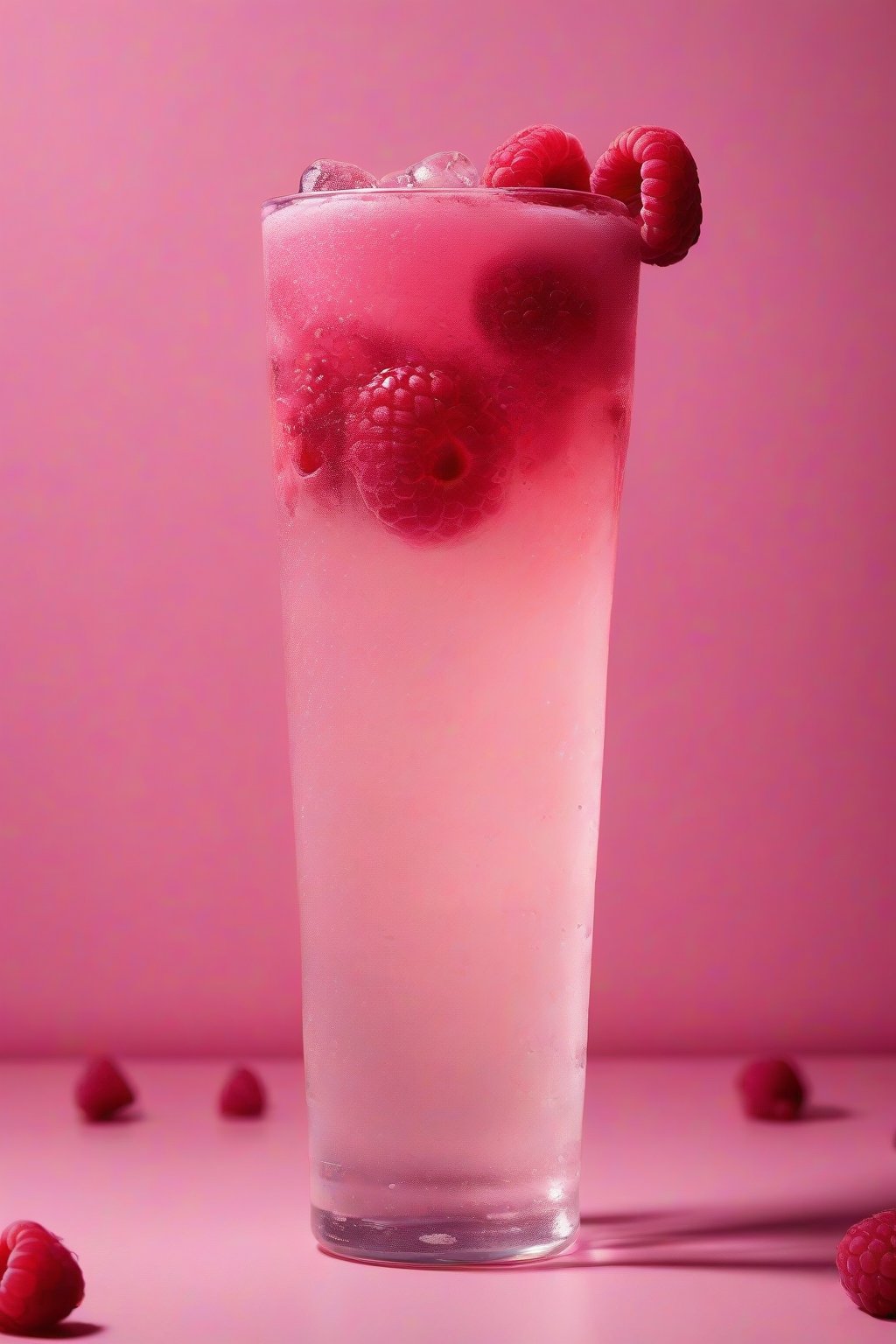 A high-resolution photo of a fizzy raspberry pink refresher with berry toppings in a clear glass under soft lighting.