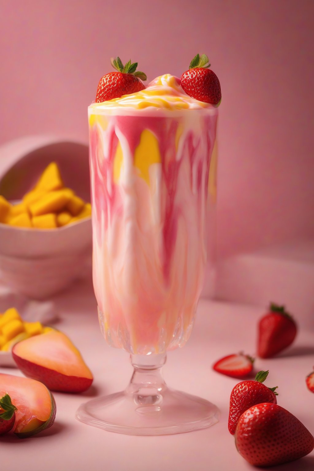 A high-resolution photo of a creamy mango pink drink swirled with strawberry layers under soft lighting.