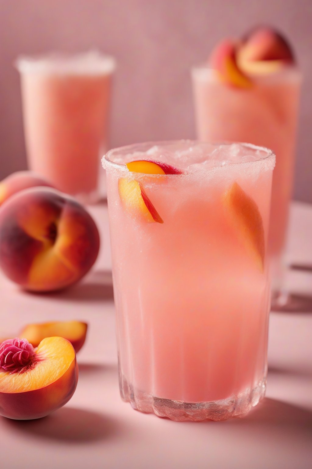 A high-resolution photo of a frosty peach-infused pink drink with fresh peach slices under soft lighting.