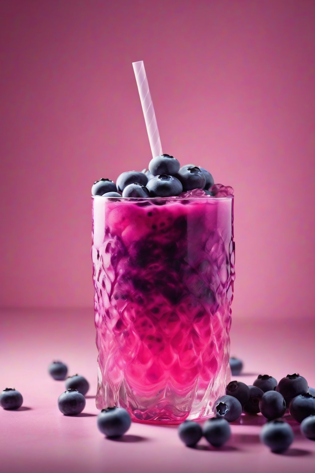A high-resolution photo of a swirled blueberry pink drink with berry clusters under soft lighting.