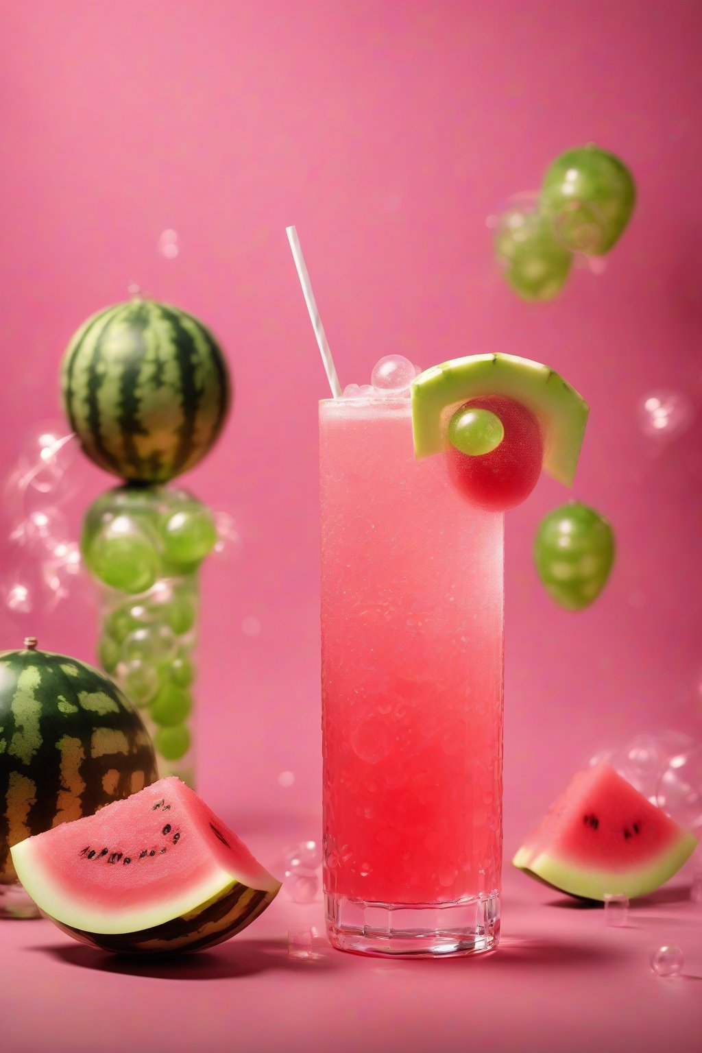 A high-resolution photo of a sparkling watermelon pink drink with melon balls under soft lighting.