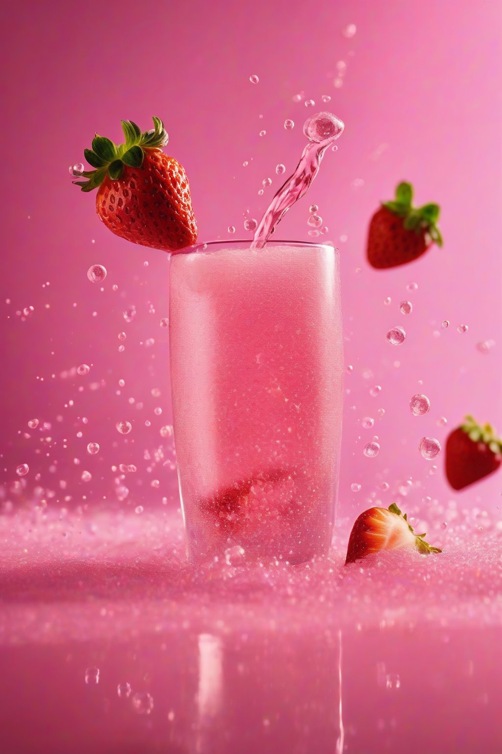 A high-resolution photo of a bubbly sparkling pink drink fizzing with strawberry bits under soft lighting.