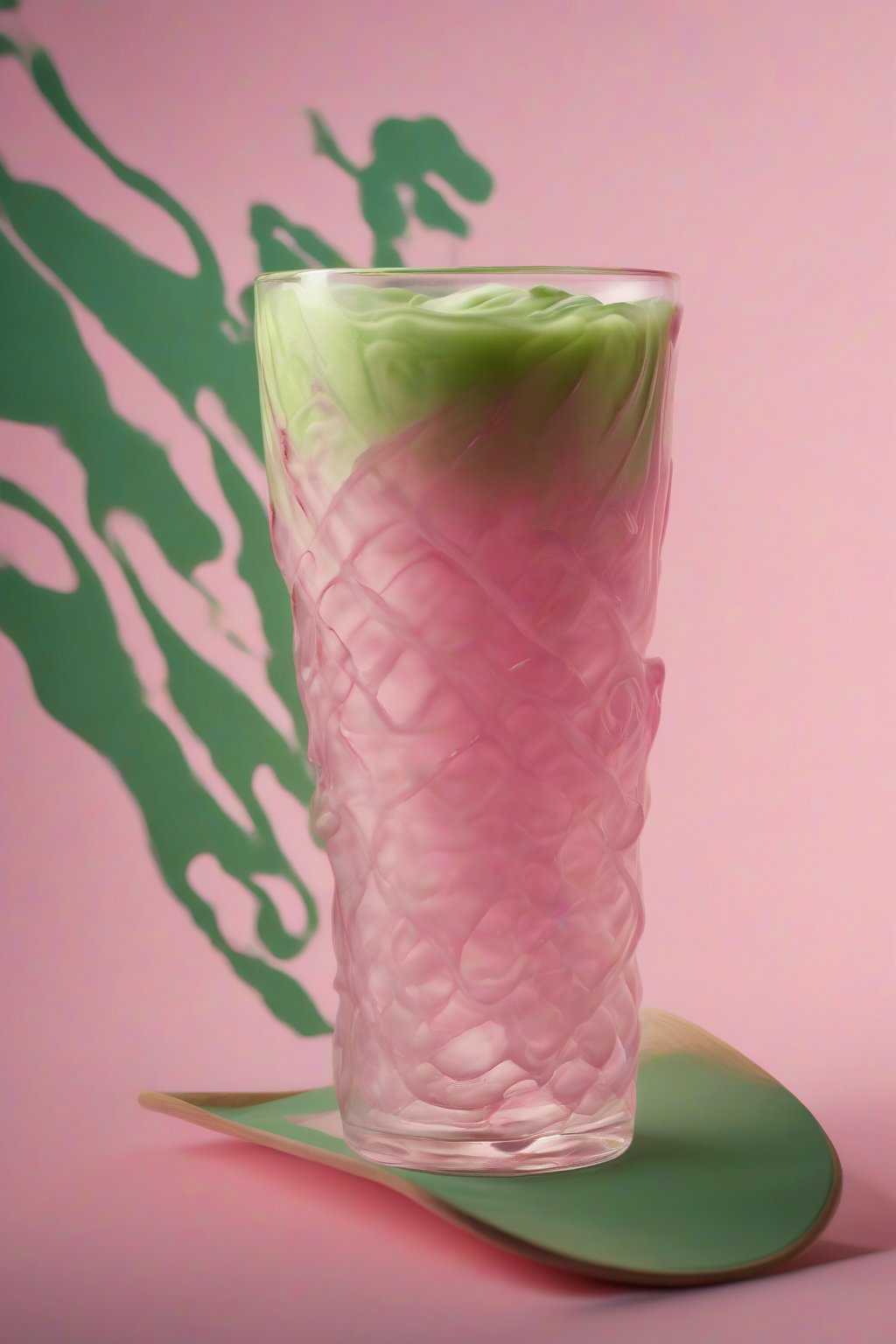 A high-resolution photo of a matcha-swirled pink drink glowing softly under soft lighting.
