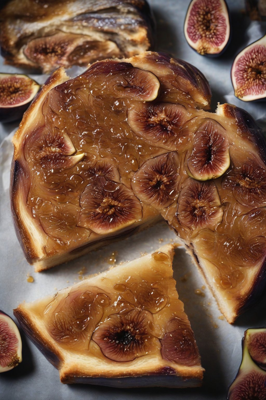 A high-resolution photo of fig and honey sourdough slice showing moist figs and golden honey veins, under soft lighting.