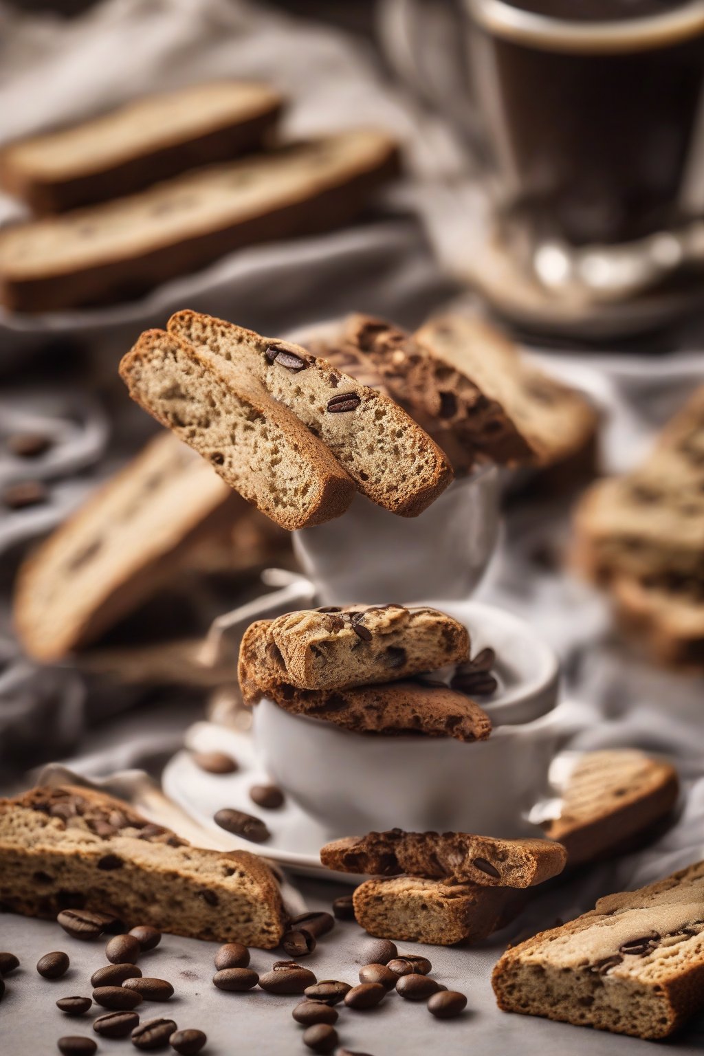 A high-resolution photo of cardamom coffee biscotti stacked with coffee beans scattered around, under soft lighting.
