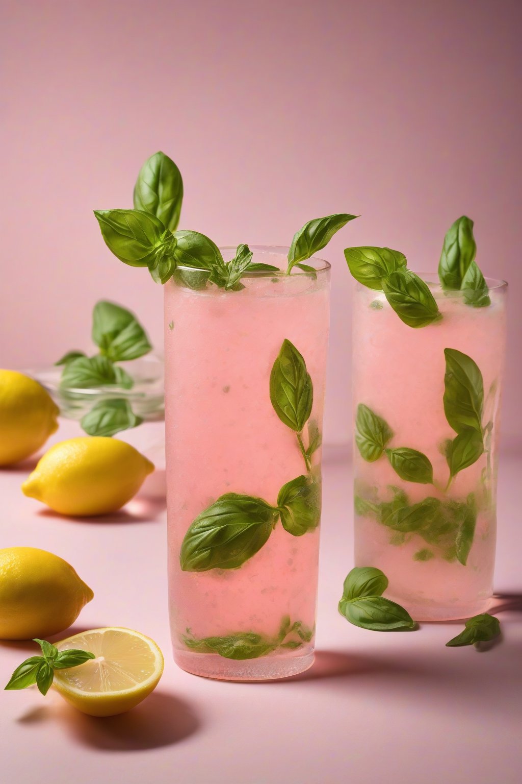 A high-resolution photo of a herb-flecked lemon pink drink with basil garnish under soft lighting.
