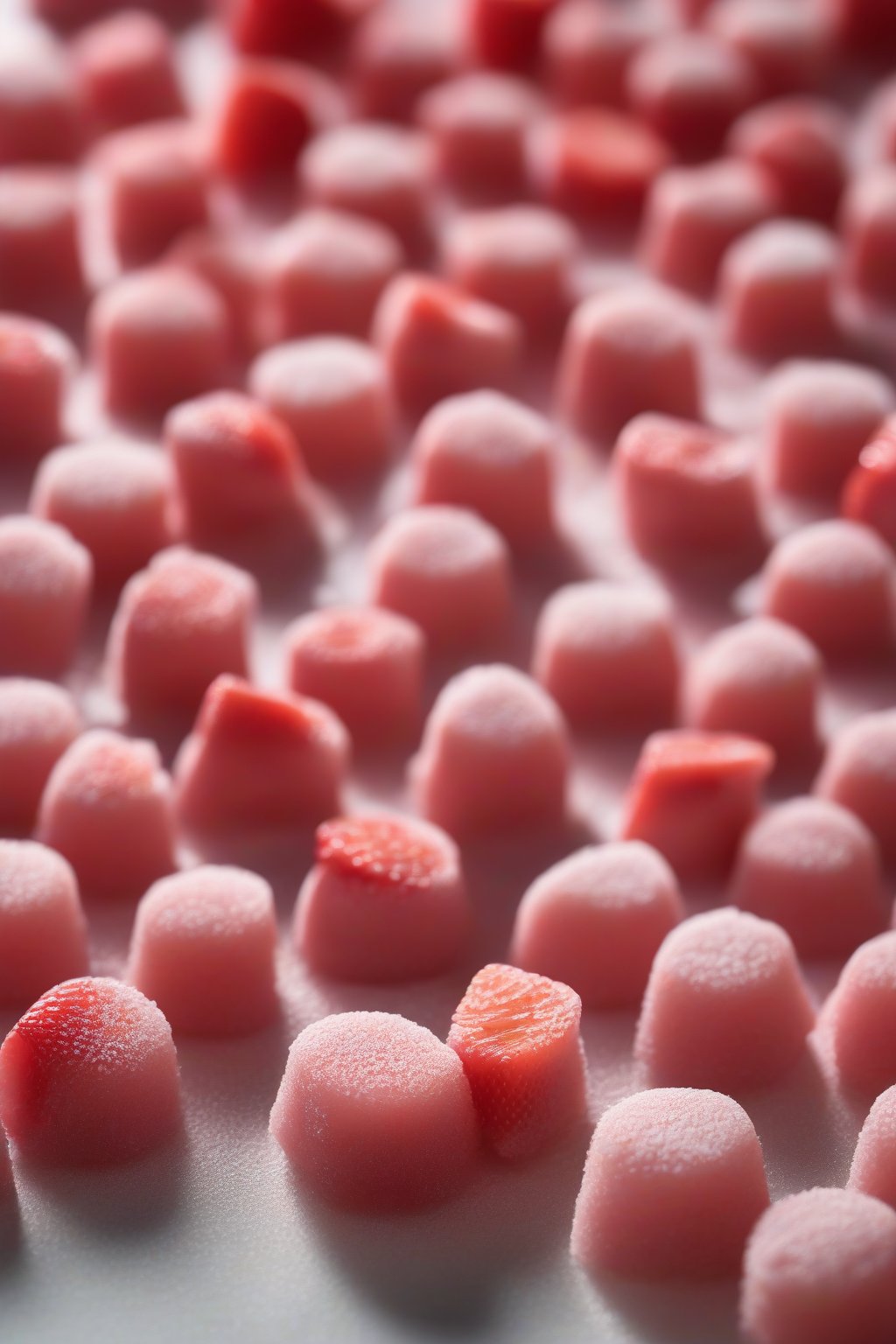 A high-resolution photo of classic strawberry mochi bites, glistening with a dusting of cornstarch and juicy strawberry peeking out, under soft lighting.