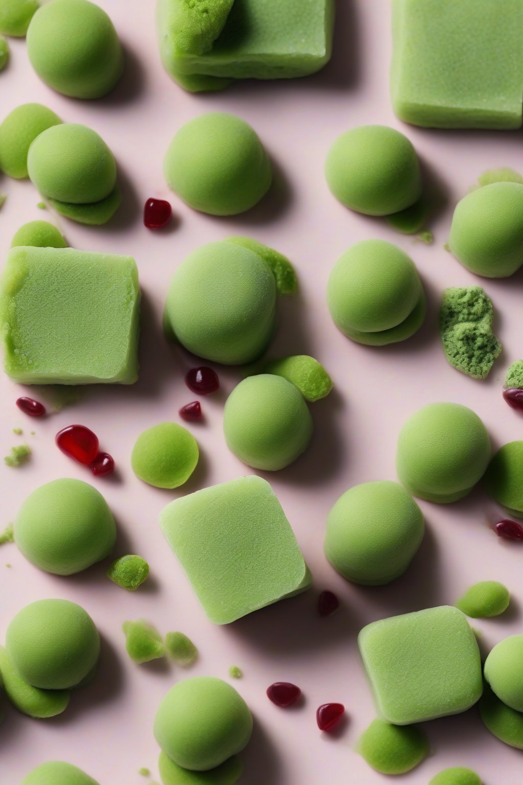 A high-resolution photo of vibrant green matcha mochi, smooth and dusted lightly with cornstarch, revealing a hint of red bean filling, under soft lighting.