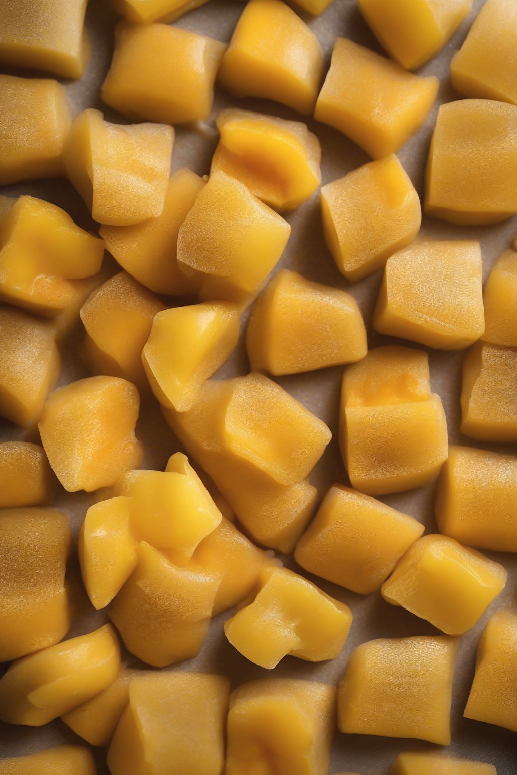 A high-resolution photo of golden mango mochi pieces, with fresh mango chunks visible inside the soft, chewy shell, under soft lighting.