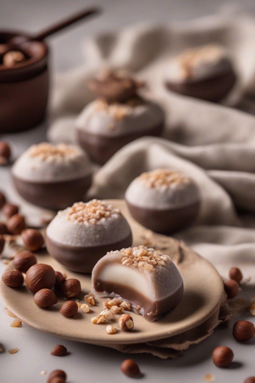 A high-resolution photo of chocolate hazelnut mochi, oozing creamy filling with nutty bits, soft and pillowy on a rustic plate, under soft lighting.