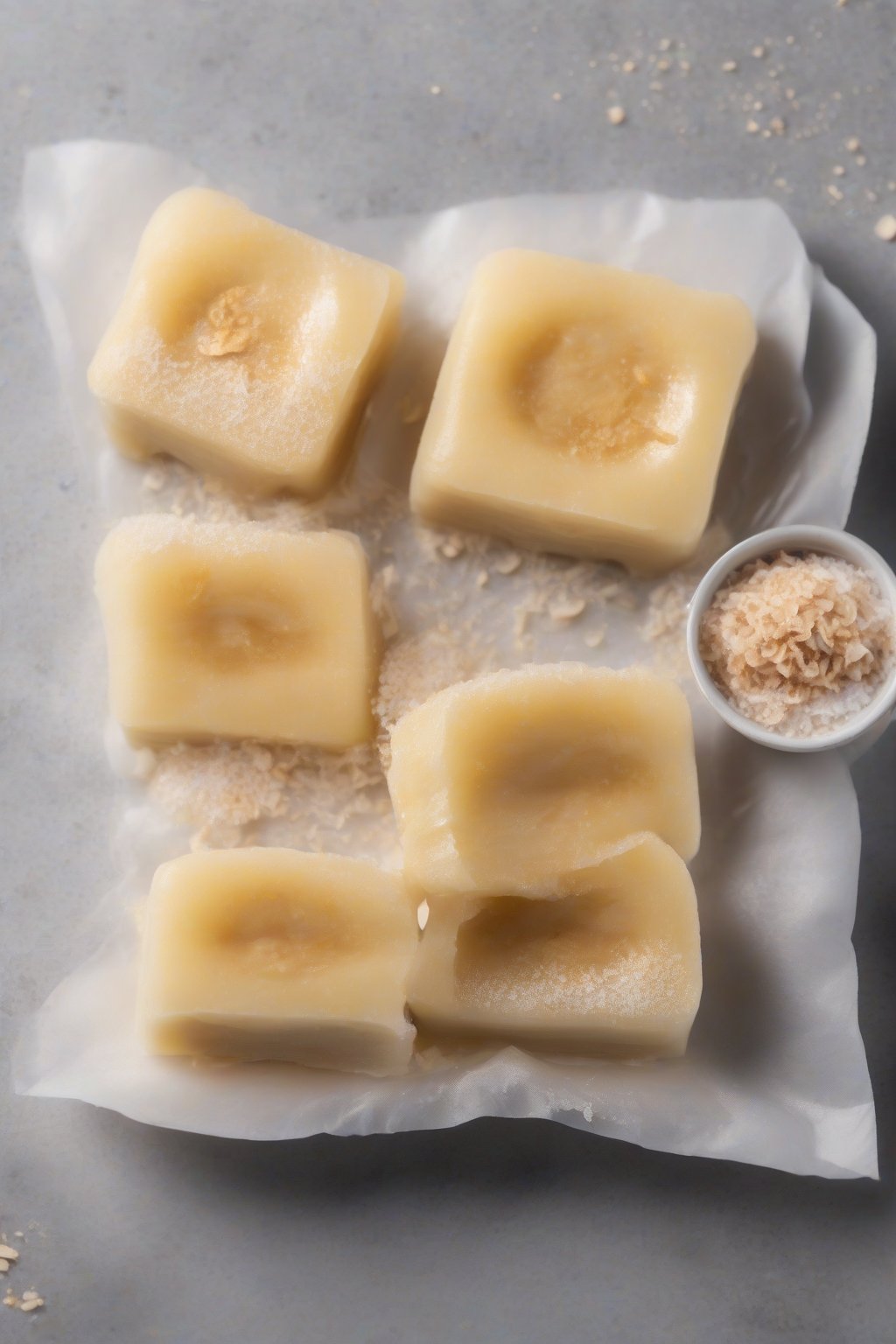A high-resolution photo of peanut butter banana mochi, halved to show creamy filling and banana slices, dusted with salt flakes, under soft lighting.