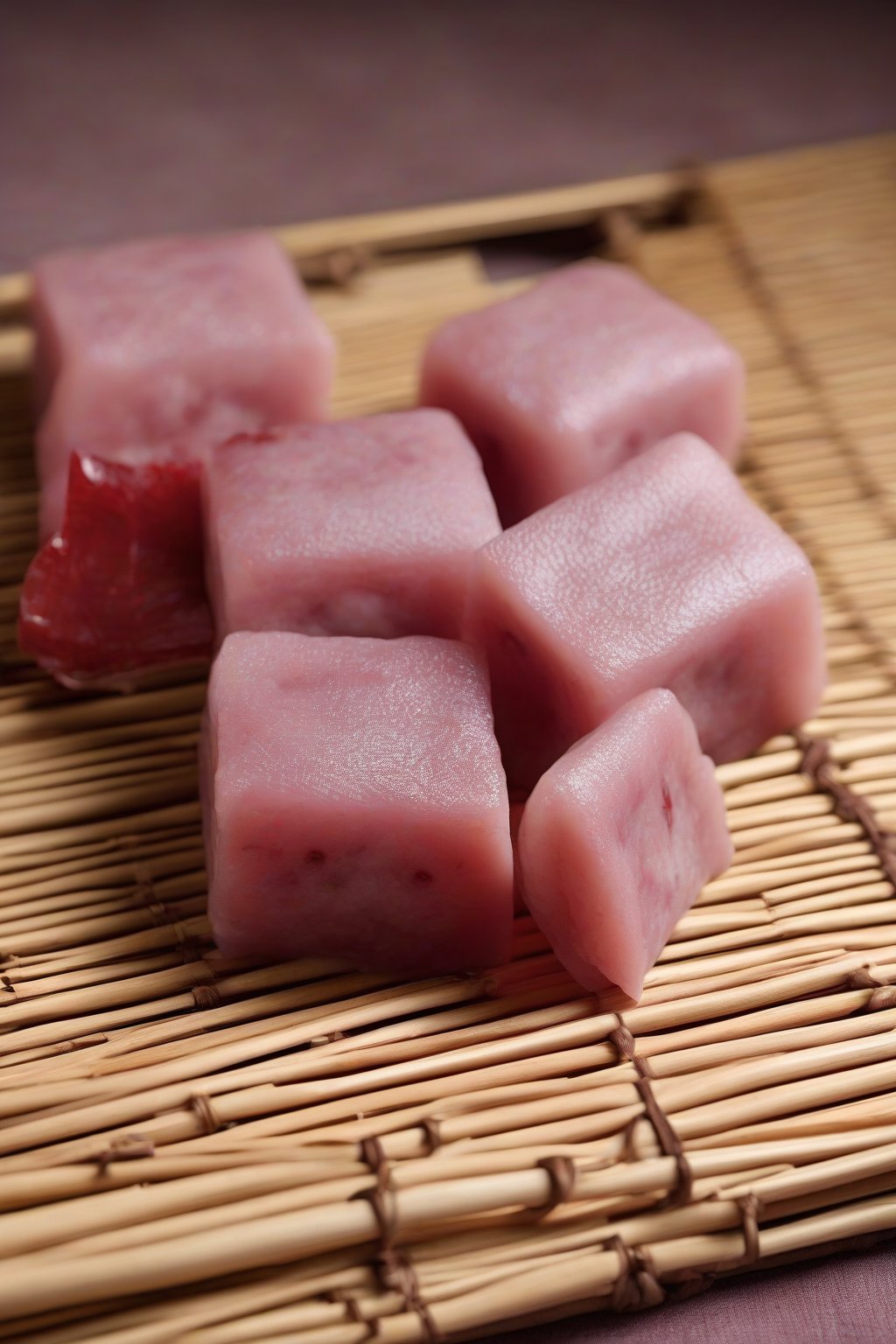 A high-resolution photo of smooth red bean mochi, with paste subtly oozing from a cut section, on a bamboo mat, under soft lighting.