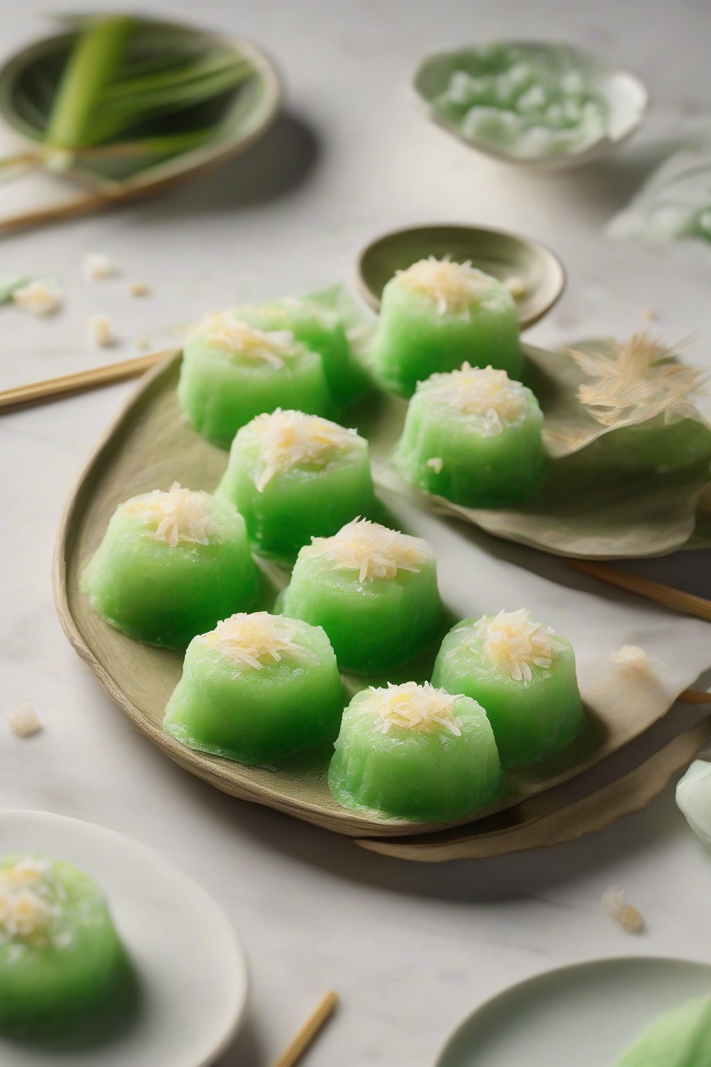 A high-resolution photo of coconut pandan mochi rolled in flakes, vibrant green hue with creamy filling peek, under soft lighting.