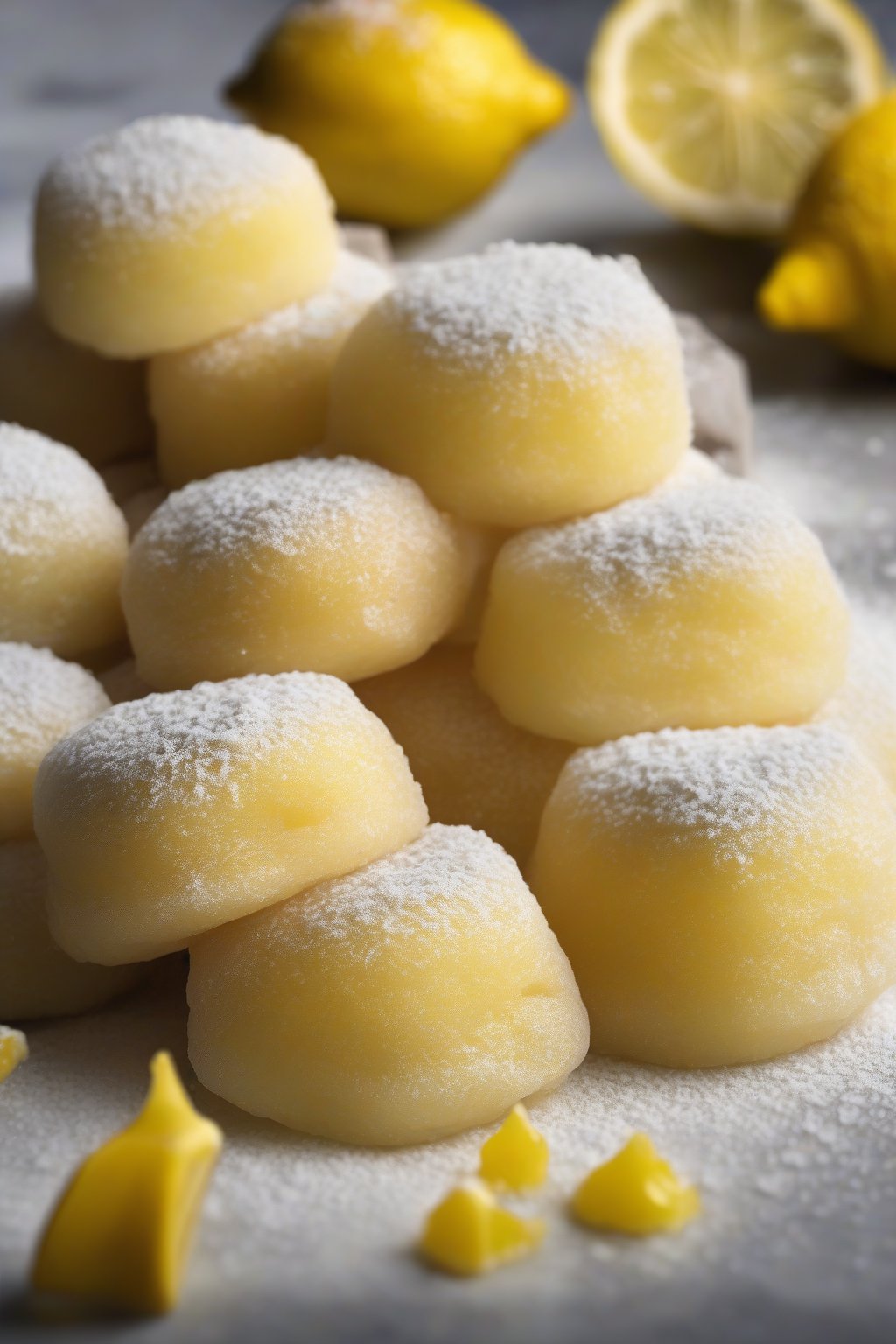 A high-resolution photo of bright lemon mochi dusted with powdered sugar, curd filling glistening inside, under soft lighting.
