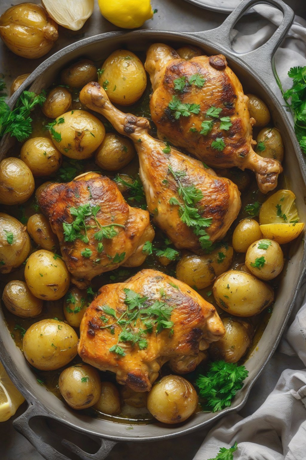 A high-resolution photo of golden lemon garlic chicken thighs with roasted baby potatoes, garnished with parsley, under soft lighting.