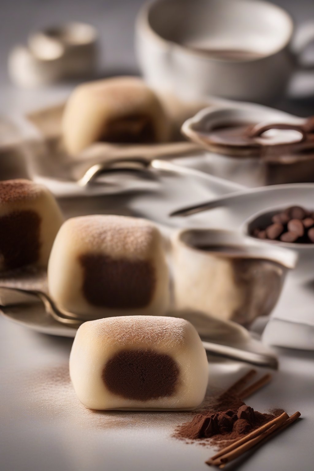 A high-resolution photo of tiramisu mochi dusted with cocoa, creamy coffee filling visible, under soft lighting.