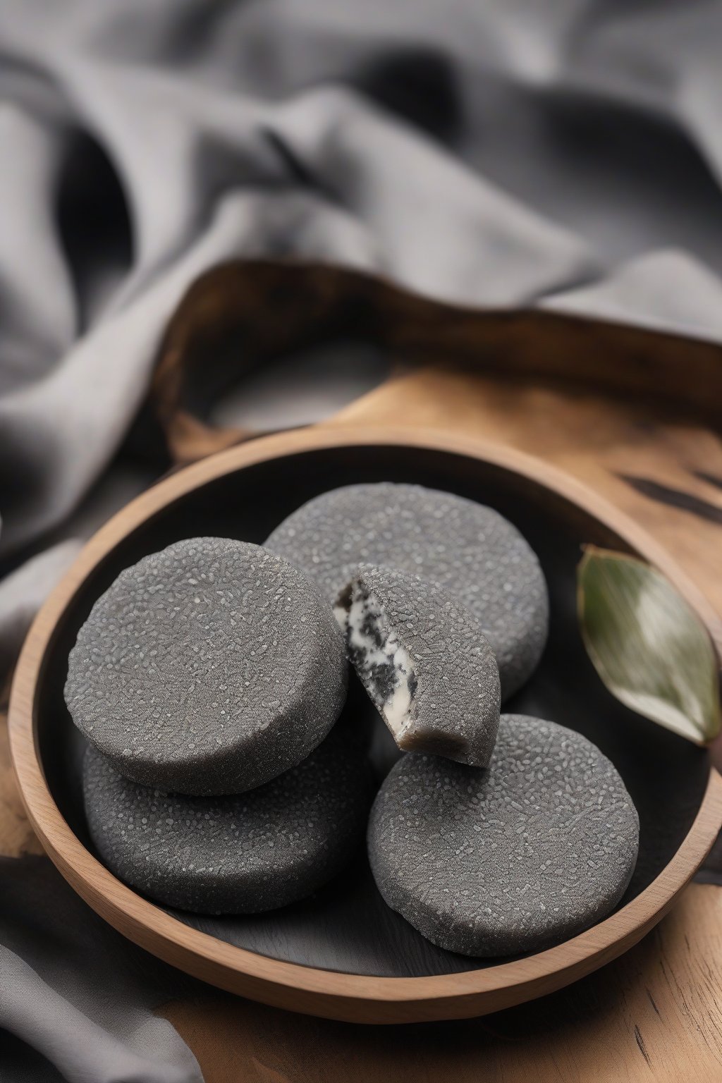 A high-resolution photo of dark black sesame mochi, smooth with paste interior shown in cross-section, under soft lighting.