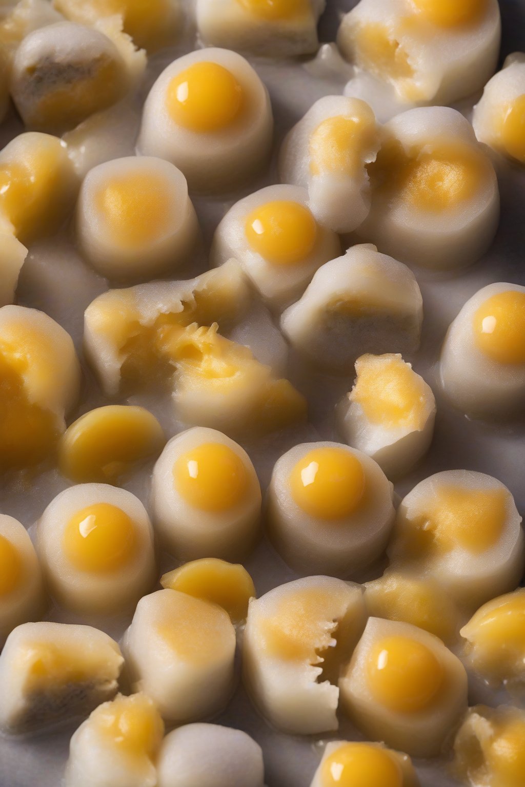 A high-resolution photo of sunny passion fruit mochi, curd dripping slightly from a bite, vibrant and juicy, under soft lighting.