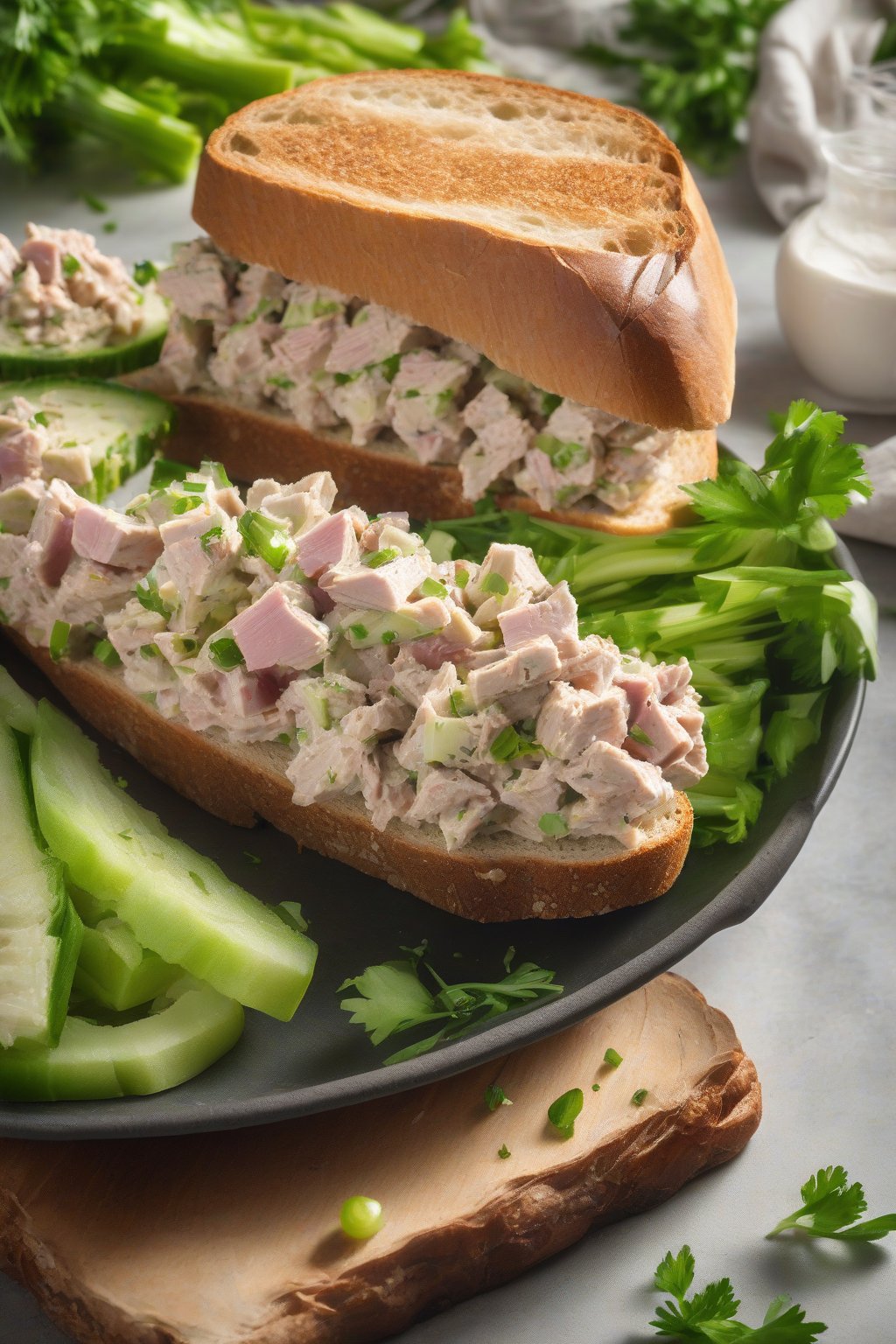 A high-resolution photo of classic tuna salad with celery chunks on a slice of bread, garnished with fresh herbs, under soft lighting.