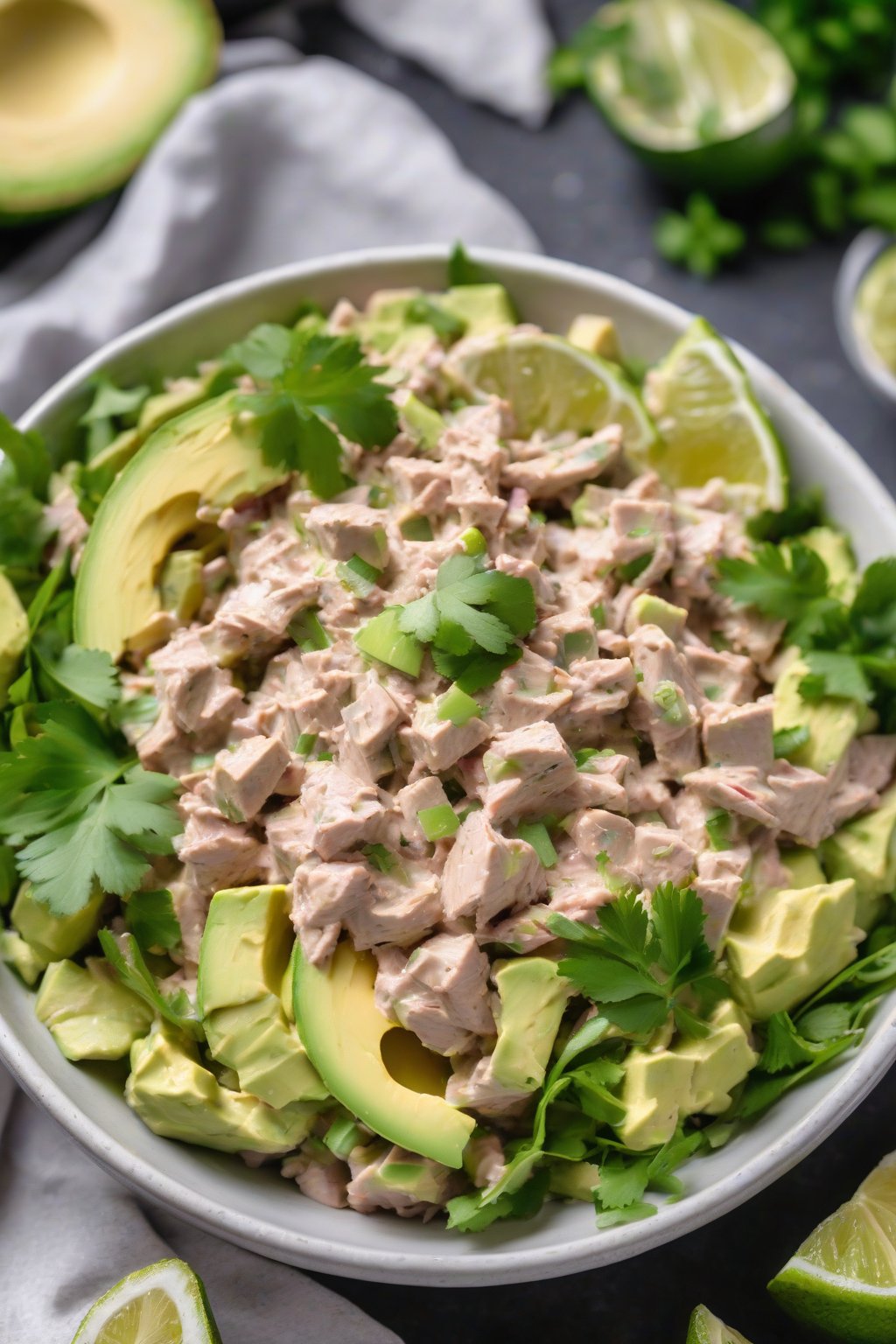 A high-resolution photo of creamy avocado tuna salad in a bowl topped with lime wedges, under soft lighting.