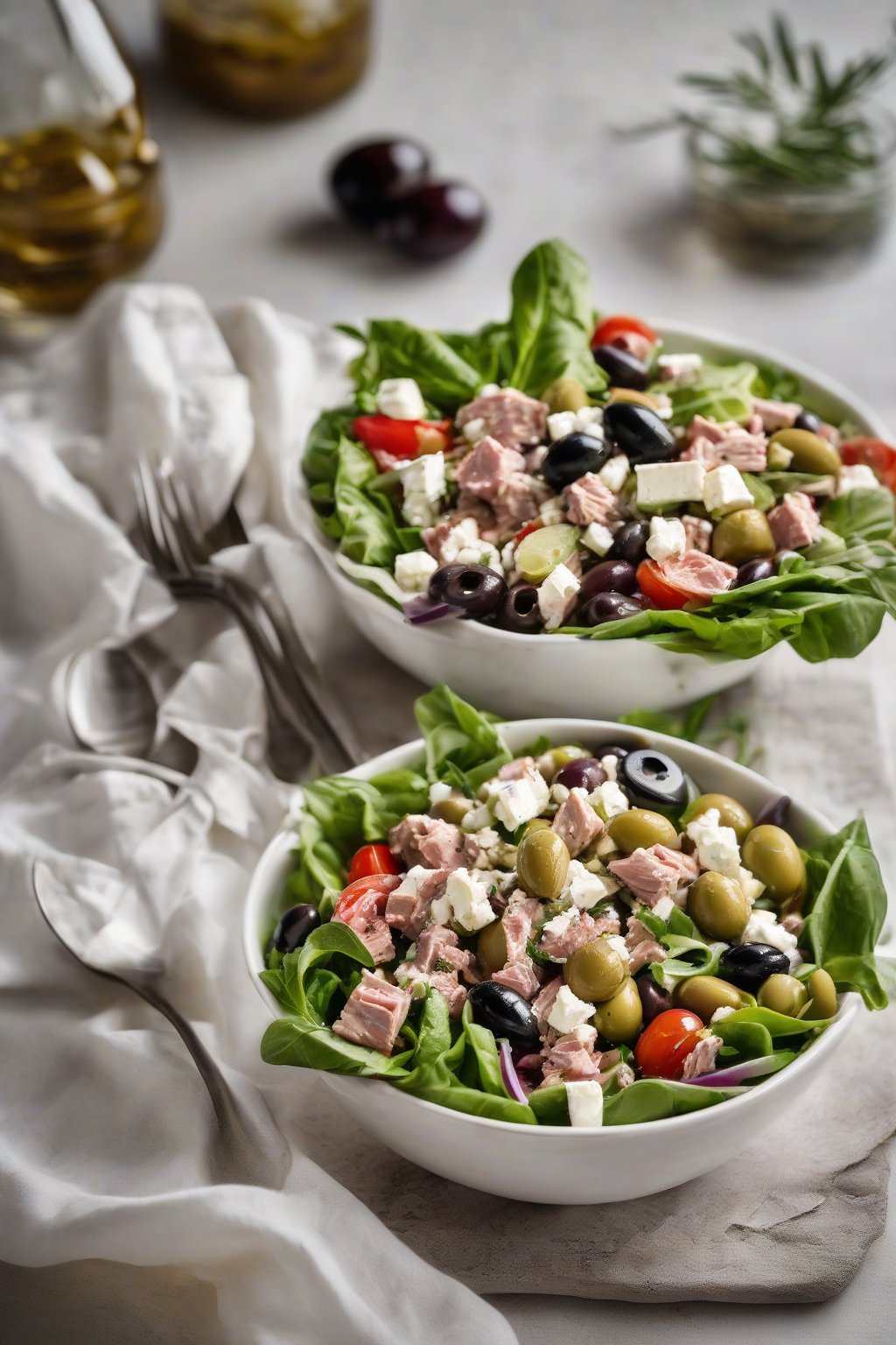 A high-resolution photo of Mediterranean tuna salad with olives and feta in a white bowl, under soft lighting.