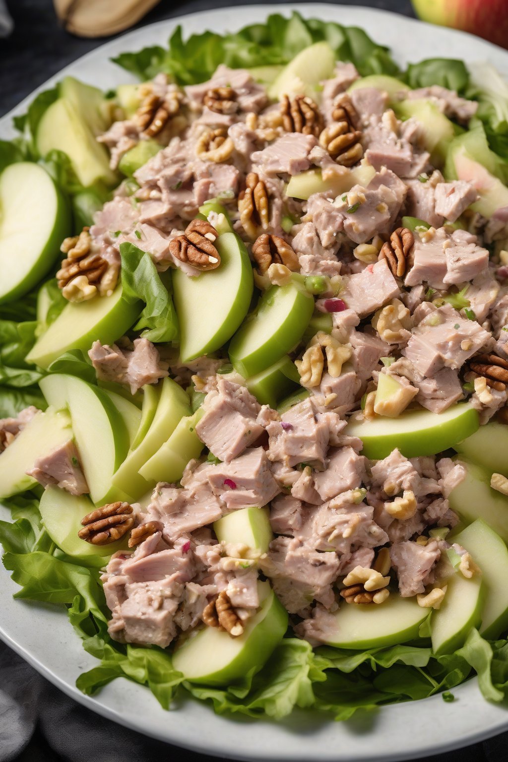 A high-resolution photo of tuna salad with apple slices and walnuts scattered on top, under soft lighting.