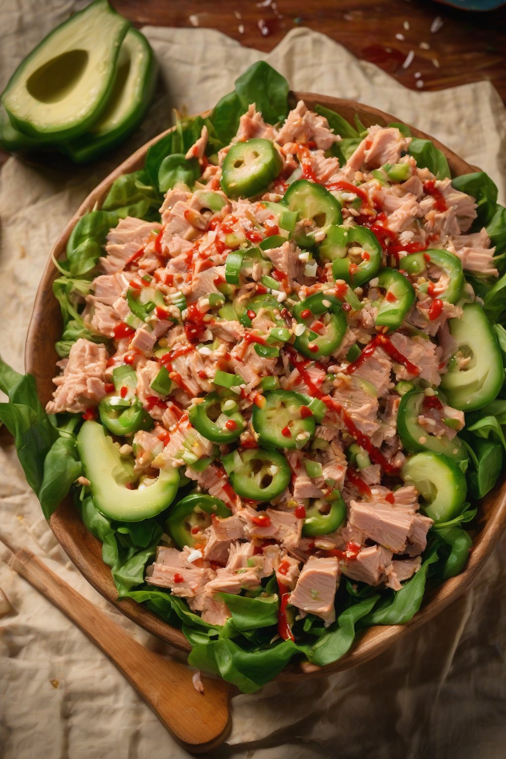 A high-resolution photo of spicy tuna salad with jalapeño slices and sriracha drizzle, under soft lighting.