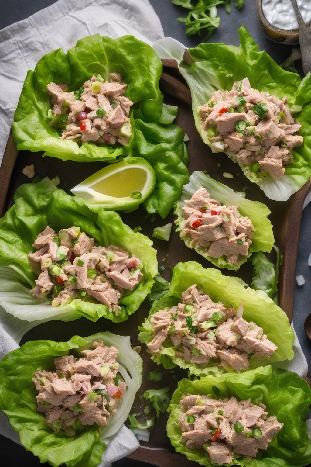 A high-resolution photo of tuna salad stuffed into crisp lettuce wraps, under soft lighting.
