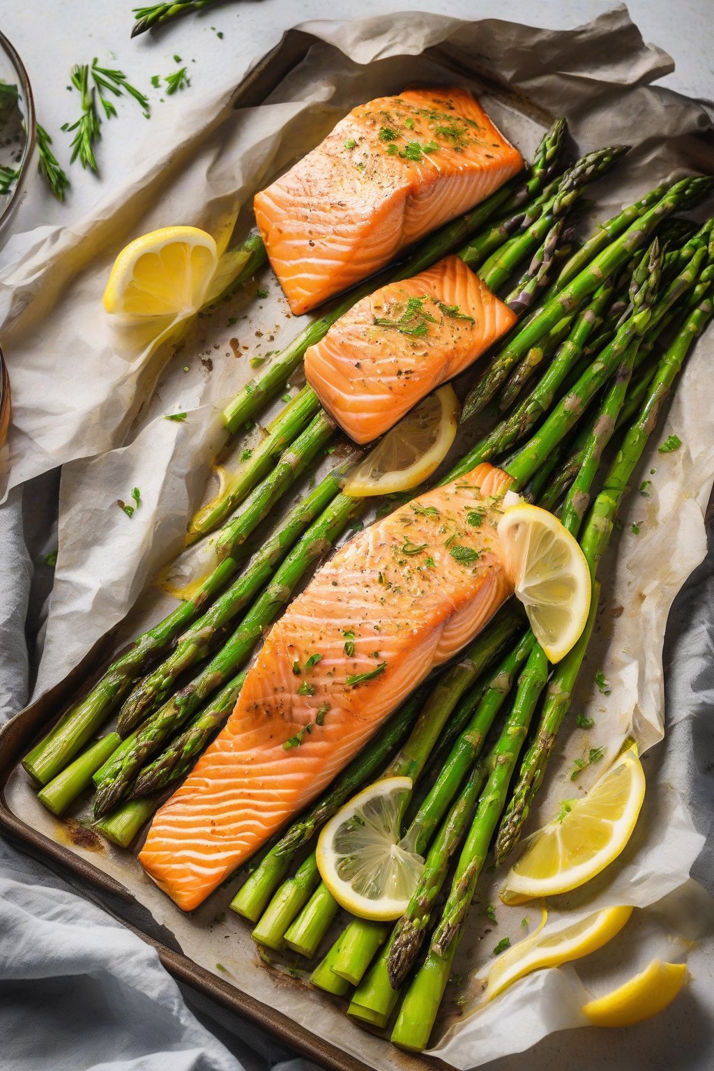 A high-resolution photo of baked salmon fillets with vibrant green asparagus on a sheet pan, lemon slices nearby, under soft lighting.