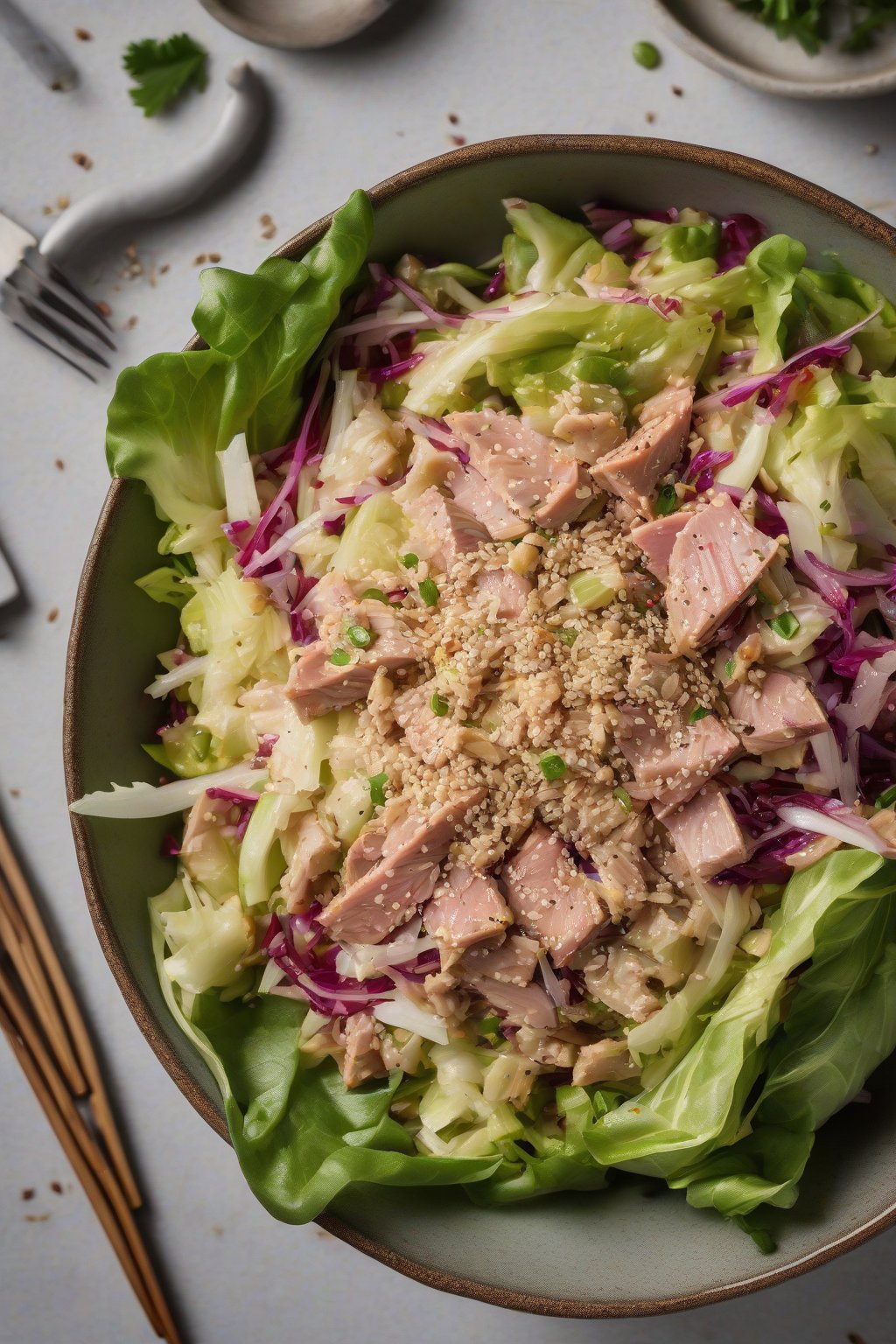 A high-resolution photo of Asian tuna salad with sesame seeds and cabbage in a bowl, under soft lighting.