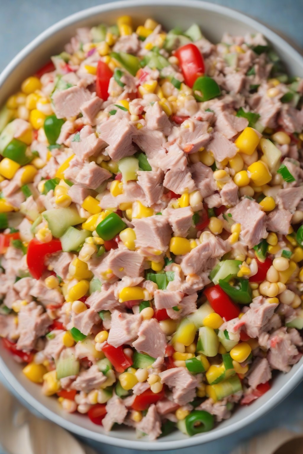 A high-resolution photo of tuna salad mixed with colorful corn and peppers, under soft lighting.