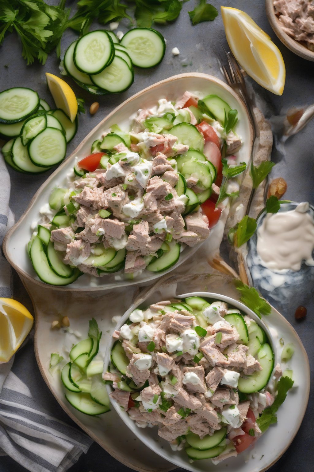A high-resolution photo of Greek-style tuna salad with yogurt swirls and cucumber, under soft lighting.