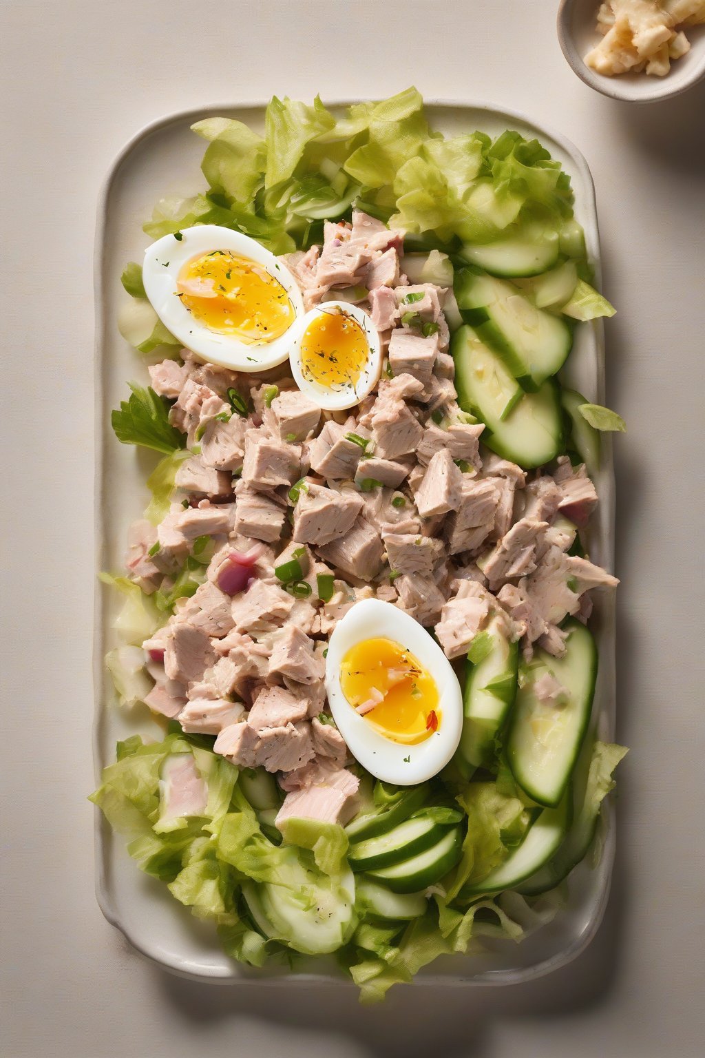 A high-resolution photo of tuna salad with egg chunks and pickle slices, under soft lighting.
