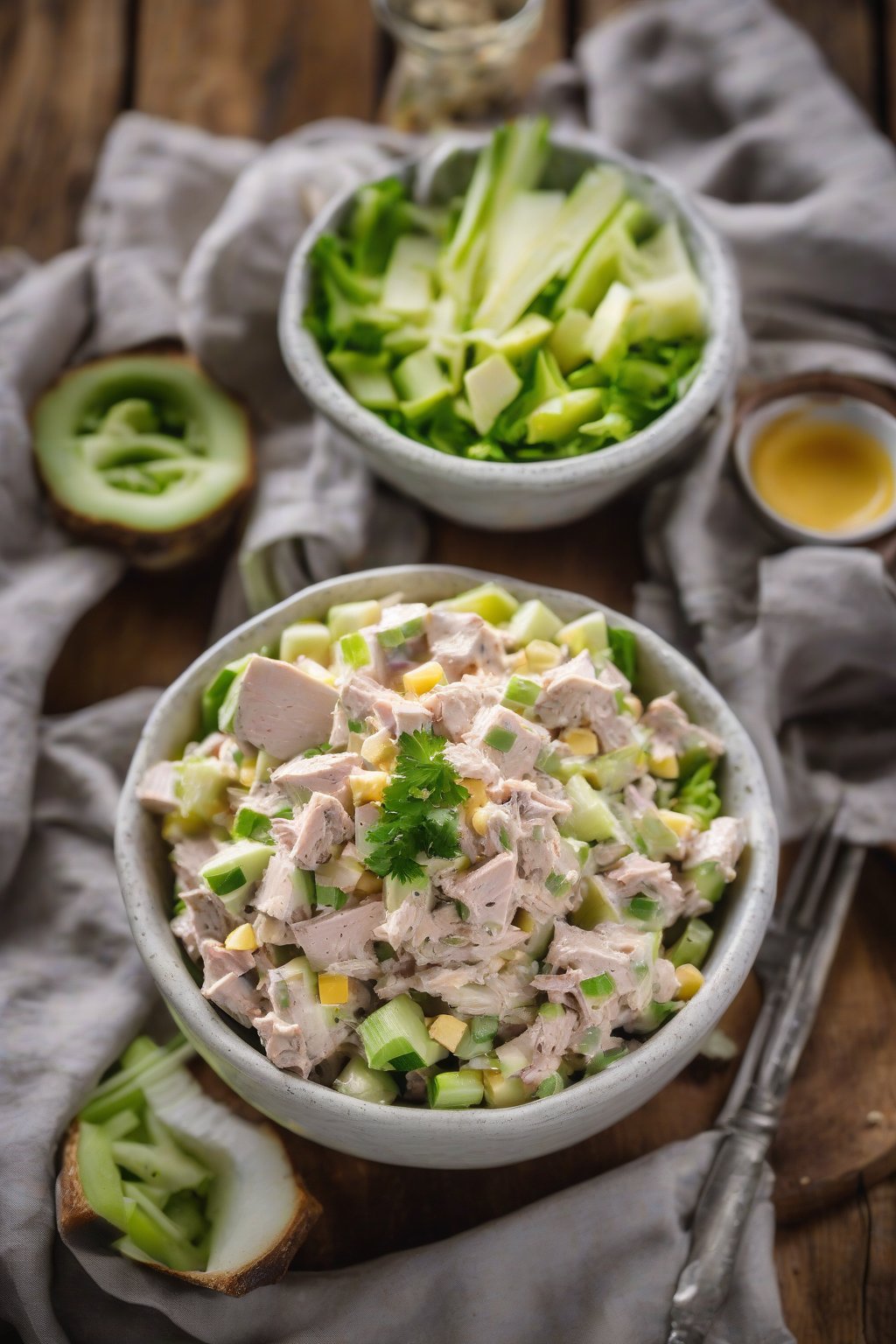 A high-resolution photo of ranch tuna salad with celery and cheese bits in a rustic bowl, under soft lighting.