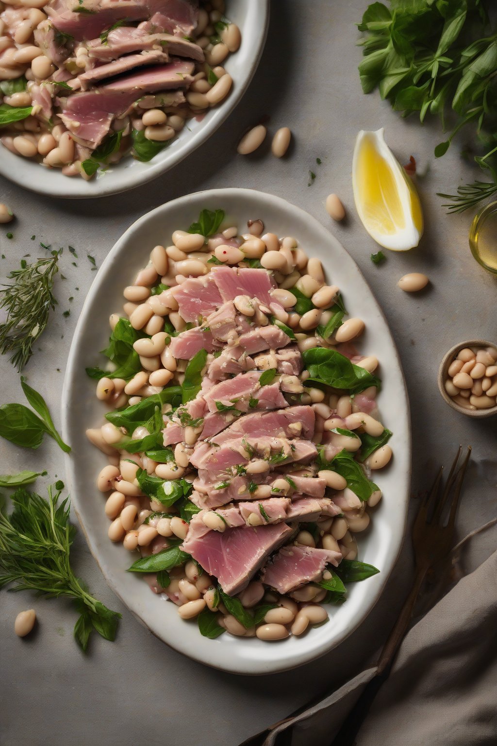 A high-resolution photo of tuna and white bean salad drizzled with oil and herbs, under soft lighting.