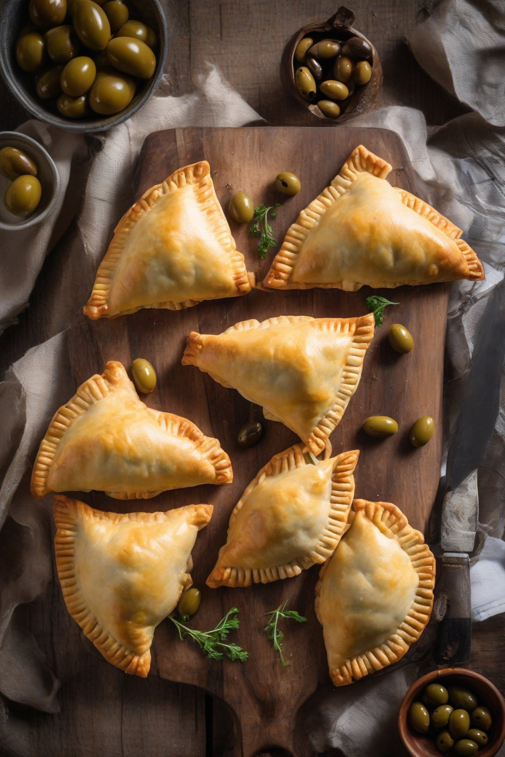 A high-resolution photo of golden Argentine beef empanadas on a wooden board, stuffed with visible olives and eggs, under soft lighting.