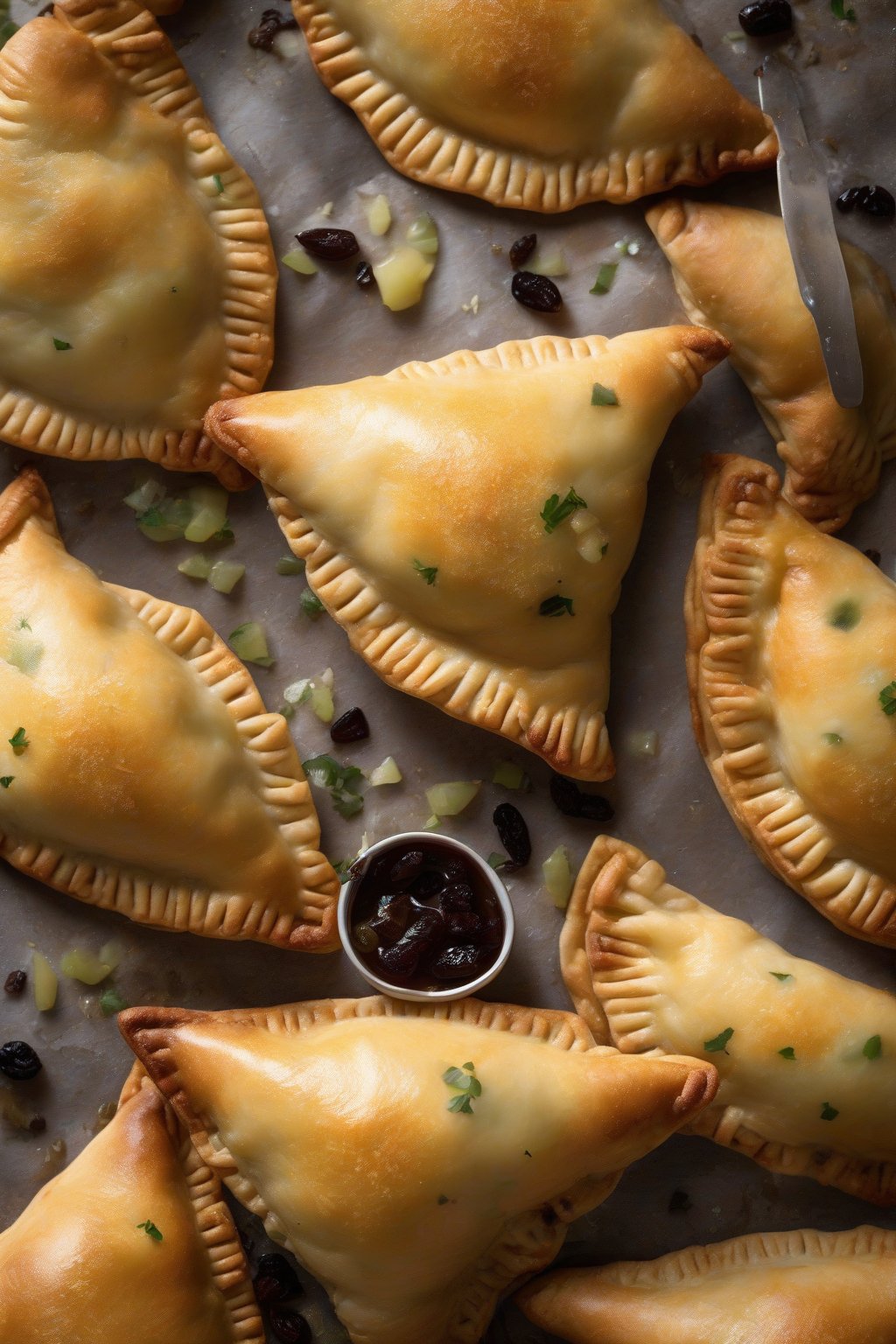 A high-resolution photo of baked Chilean pino empanadas, glistening with egg wash and raisins peeking out, under soft lighting.