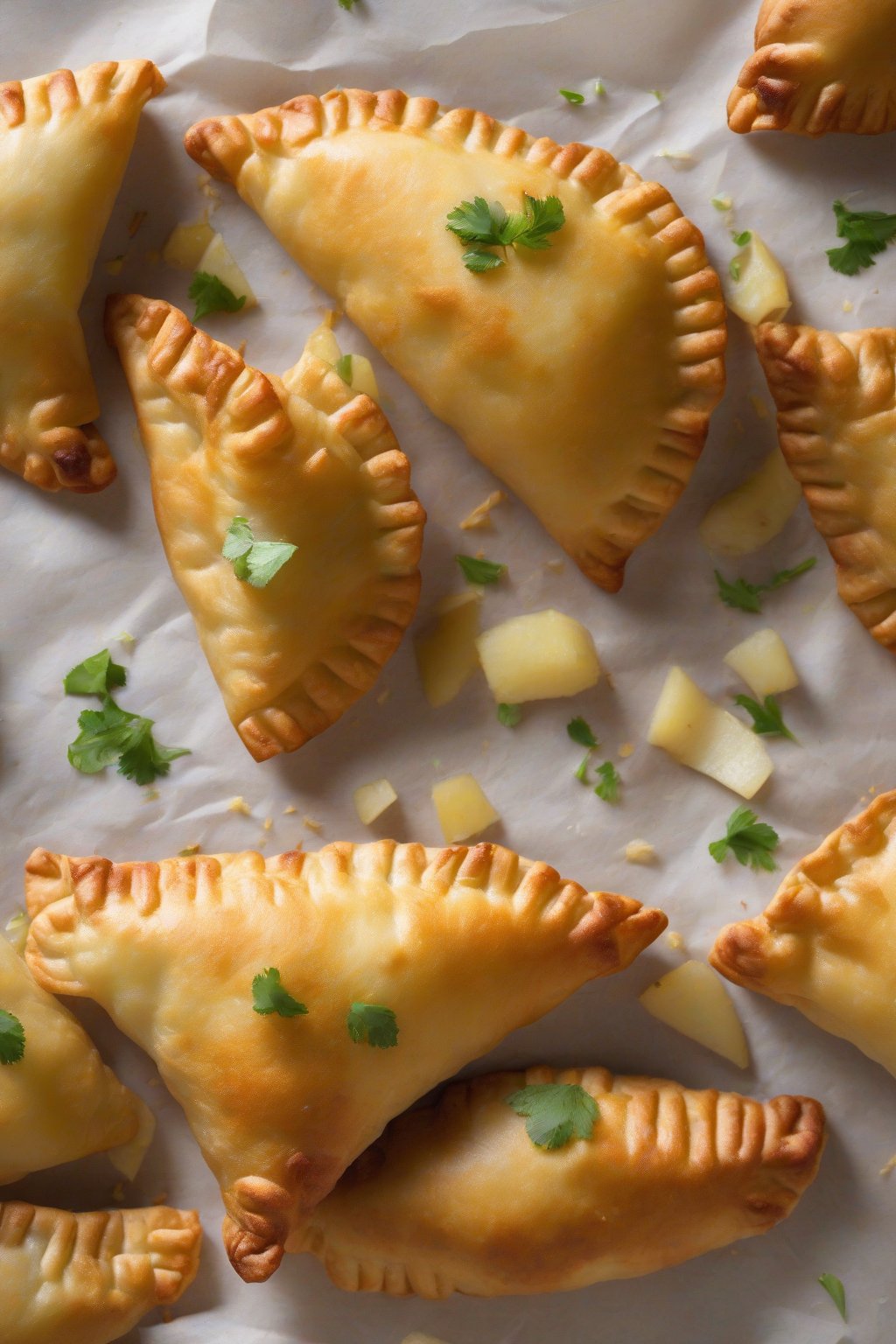 A high-resolution photo of crispy Colombian empanadas with potato chunks visible, on parchment paper, under soft lighting.