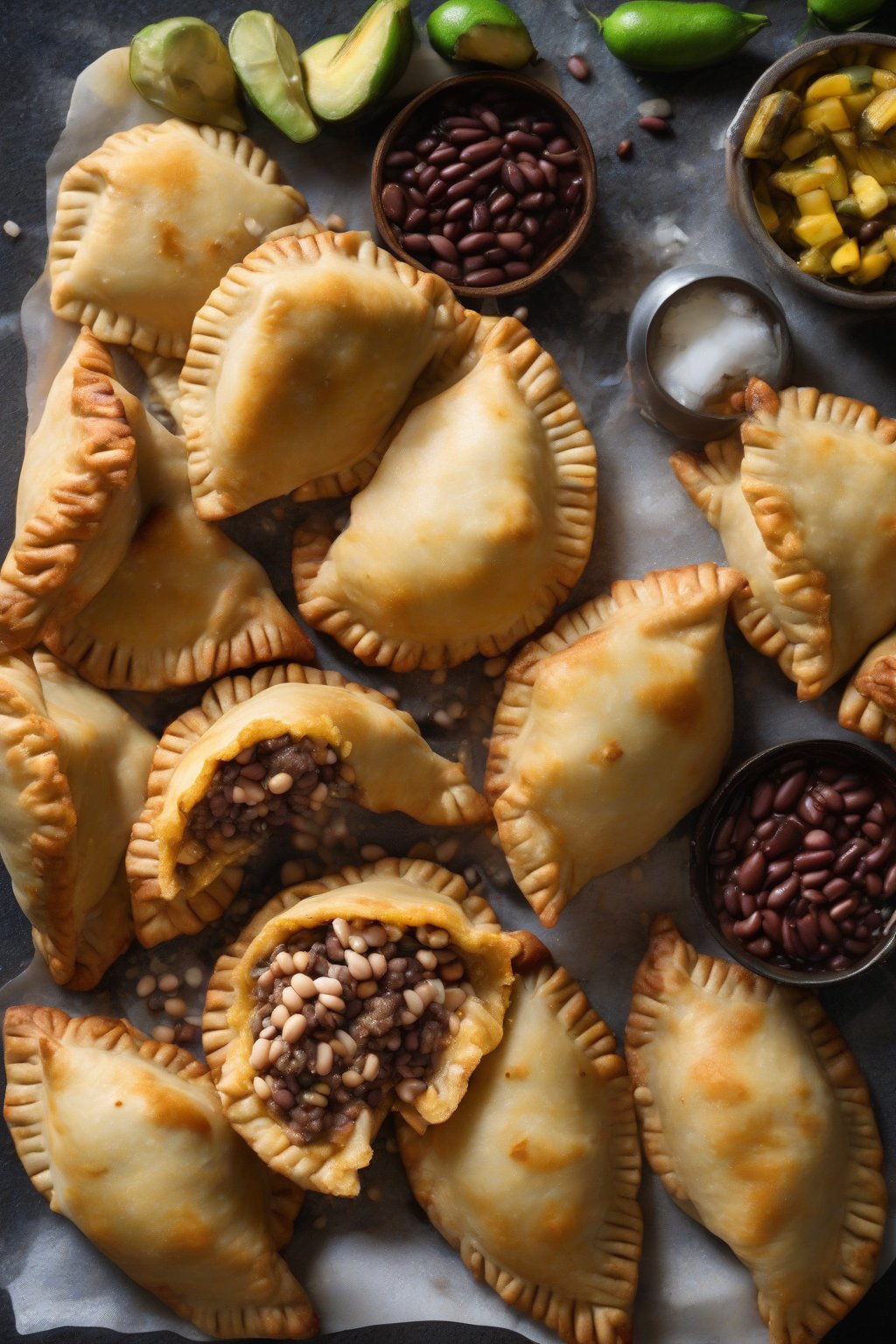 A high-resolution photo of Venezuelan pabellón empanadas cut open to show beans and plantains, steam rising, under soft lighting.