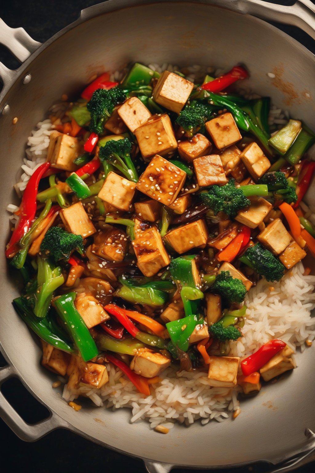 A high-resolution photo of colorful tofu veggie stir-fry steaming in a wok, served over rice, under soft lighting.