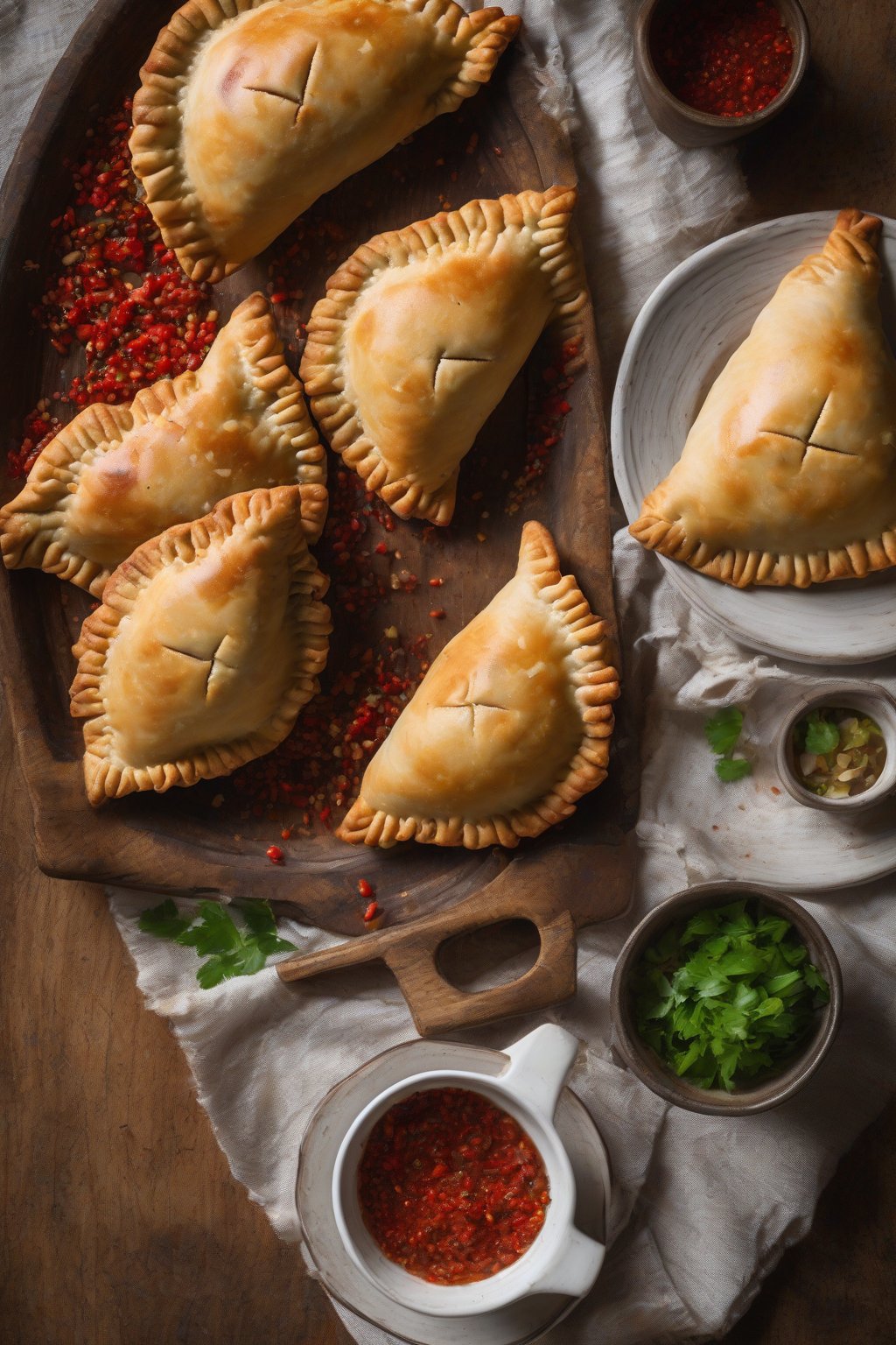 A high-resolution photo of Spanish tuna empanadas with red pepper flecks, arranged in a rustic dish, under soft lighting.