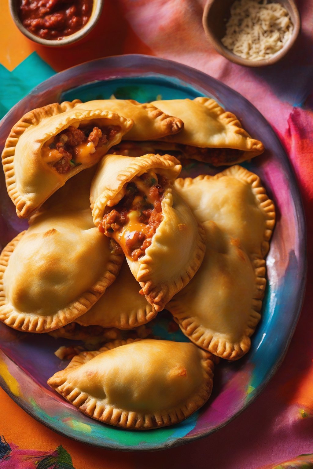 A high-resolution photo of cheesy Mexican chicken chorizo empanadas oozing filling, on a colorful plate, under soft lighting.