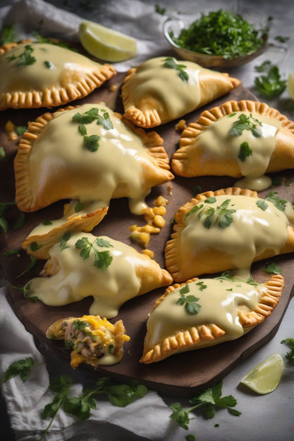 A high-resolution photo of Peruvian ají chicken empanadas with creamy yellow sauce dripping, garnished with herbs, under soft lighting.